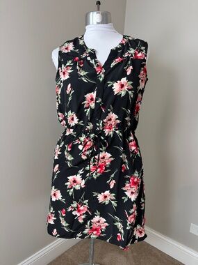 Nicole Miller Original Floral Dress Size Medium Black Sleeveless Tie Waist